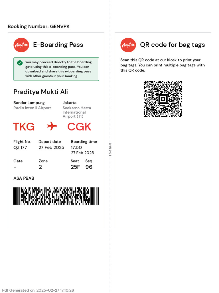 E-Boarding Pass QR Code For Bag Tags: Booking Number: GENVPK | PDF