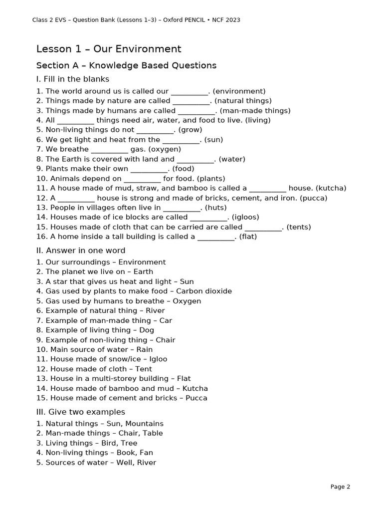 Class 2 EVS Question Bank: Lessons 1-3 | PDF | Plants | Pet