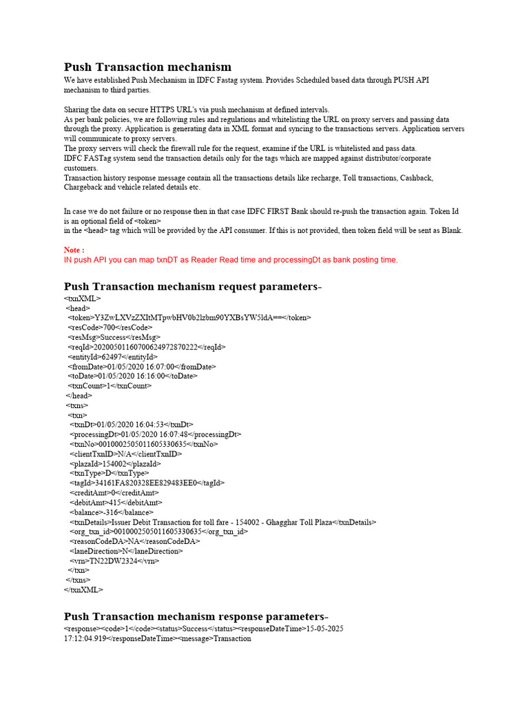 IDFC FASTag Push Transaction API Guide | PDF | Proxy Server | Banks