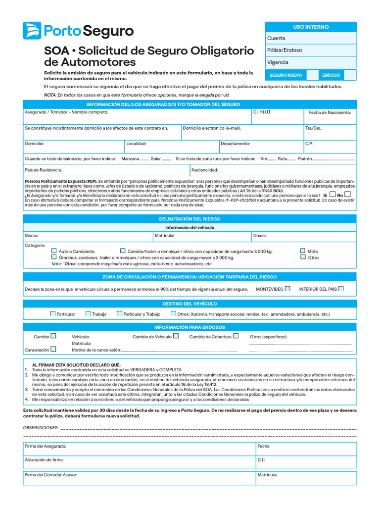 Solicitud de Seguro de Vehículo SOA | PDF | Póliza de seguros