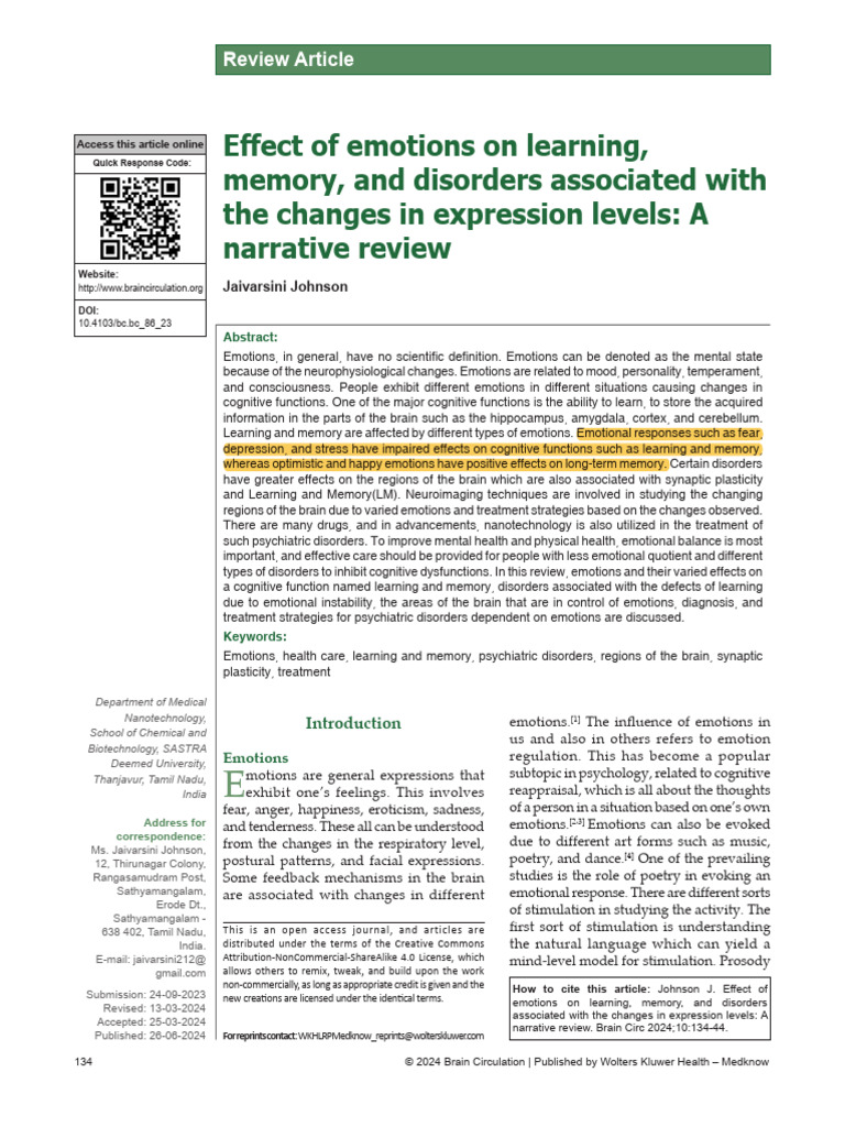 Emotions' Impact on Learning and Memory | PDF | Memory | Amygdala
