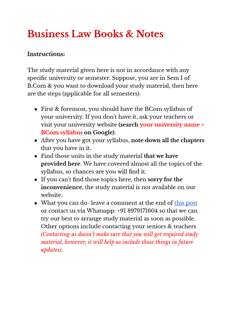 Business Law Study Material for Sem 1 | PDF
