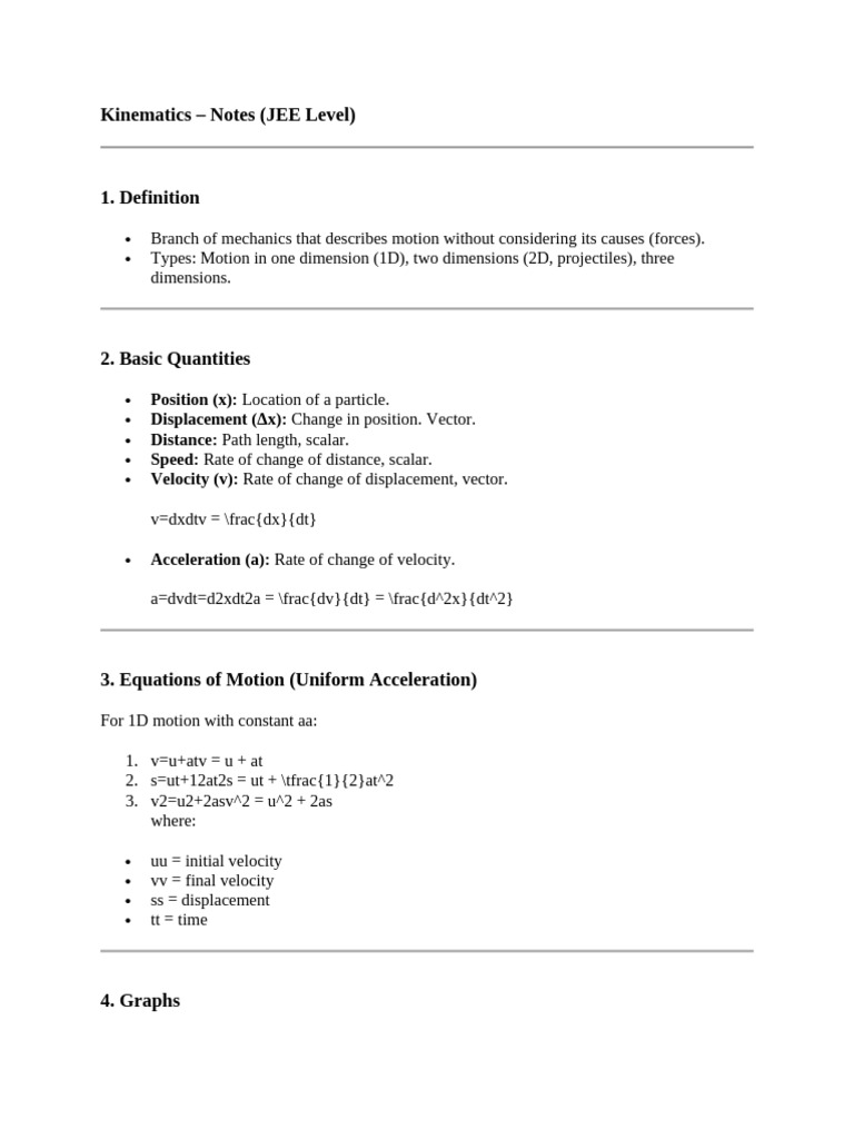 Kinematics Notes for JEE Preparation | PDF