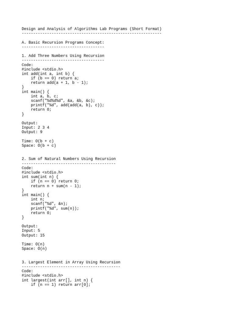 Recursion Programs in C: Lab Guide | PDF