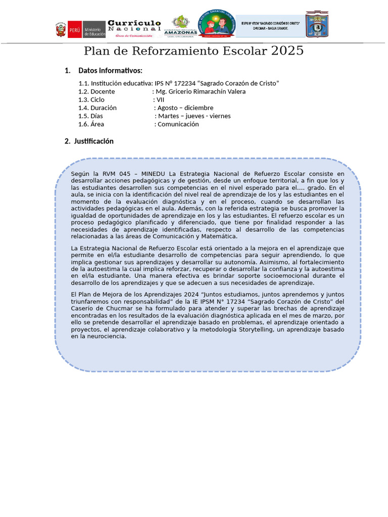 Plan de Refuerzo Escolar 2025 en Comunicación | PDF | Evaluación ...