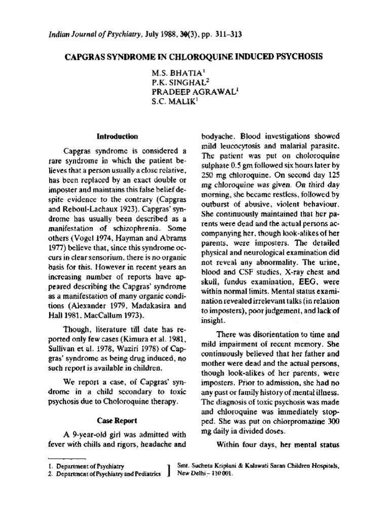 Capgras' Syndrome in Chloroquine Induced Psychosis | PDF | Psychosis ...
