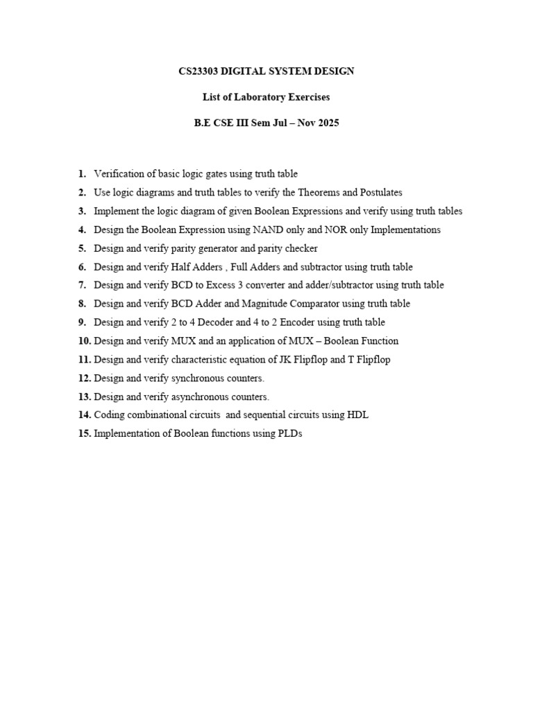 Digital System Design Lab Exercises | PDF