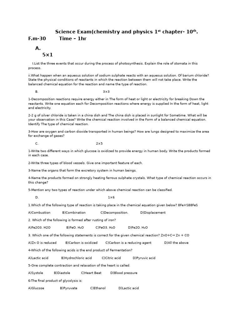 10th Grade Science Exam: Chemistry & Physics | PDF | Chemical Reactions