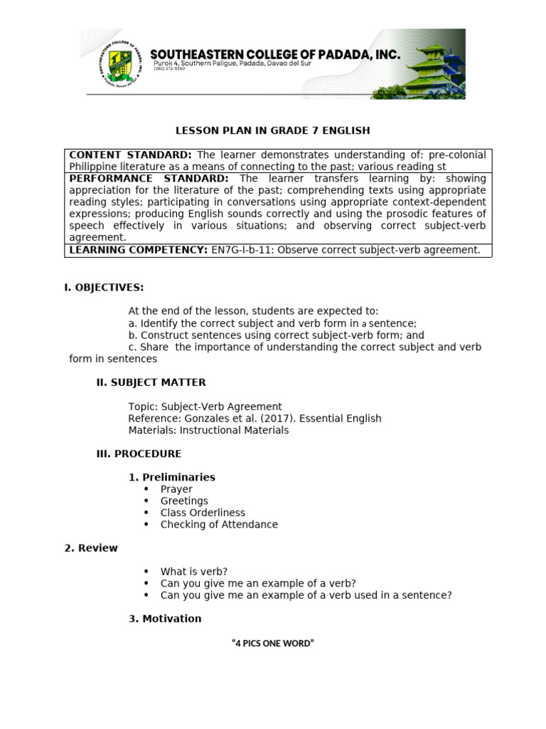 Grade 7 English Subject-Verb Agreement Lesson | PDF | Subject (Grammar ...