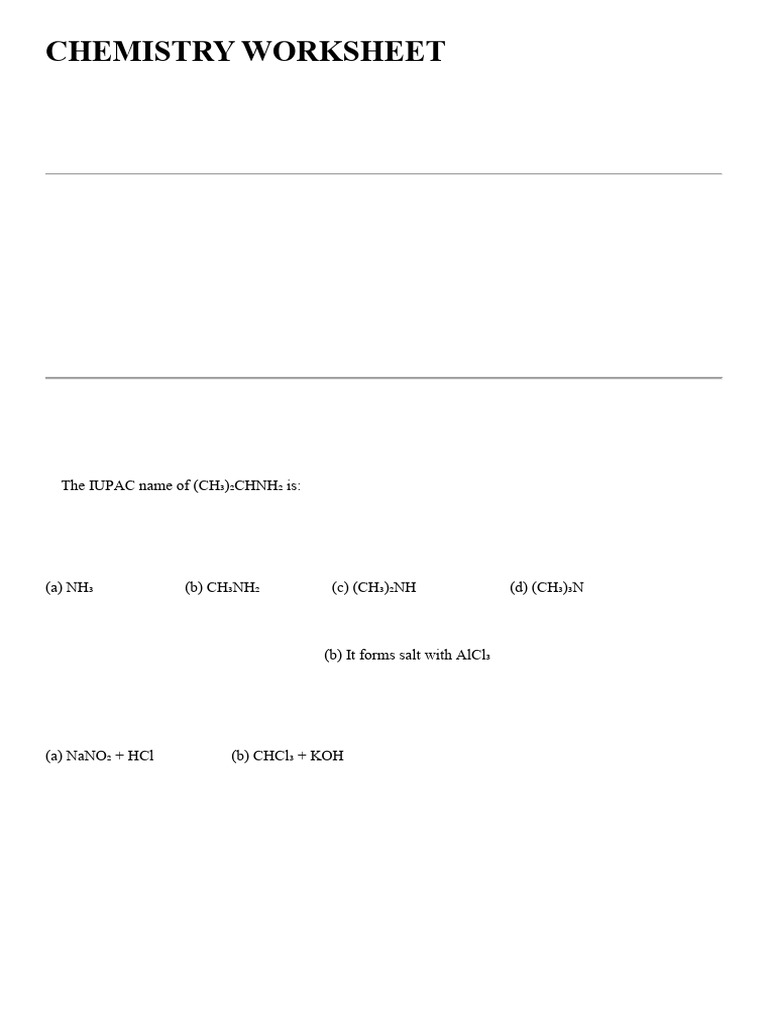 Class XII Amines Chemistry Worksheet | PDF | Amine | Organic Chemistry