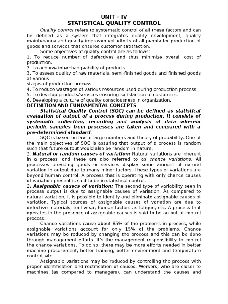 Unit - IV Statistical Quality Control | PDF | Sampling (Statistics)