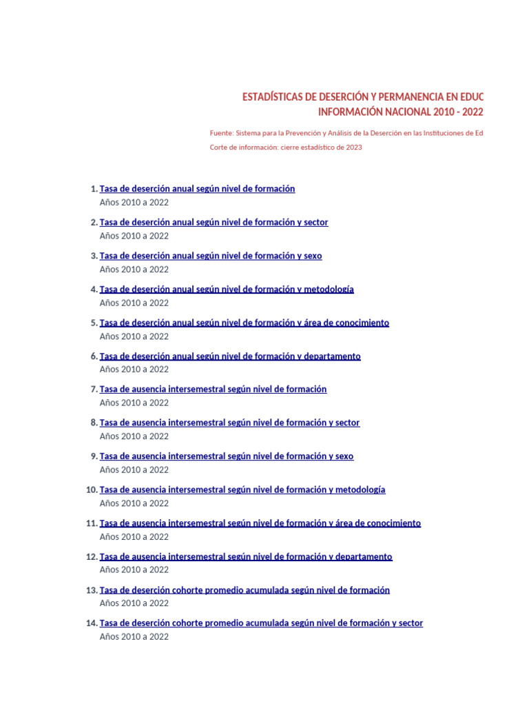 Deserción y Permanencia en Educación Superior 2010-2022 | PDF | Science