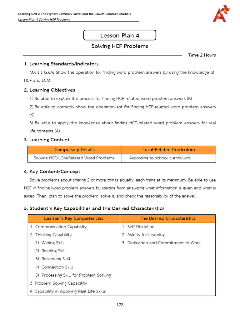Lesson Plan 2-4 Solving Word Problems On HCF | PDF | Learning | Lesson Plan