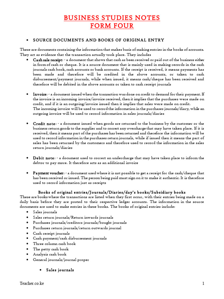 Business Studies Notes: Source Documents | PDF | Debits And Credits ...