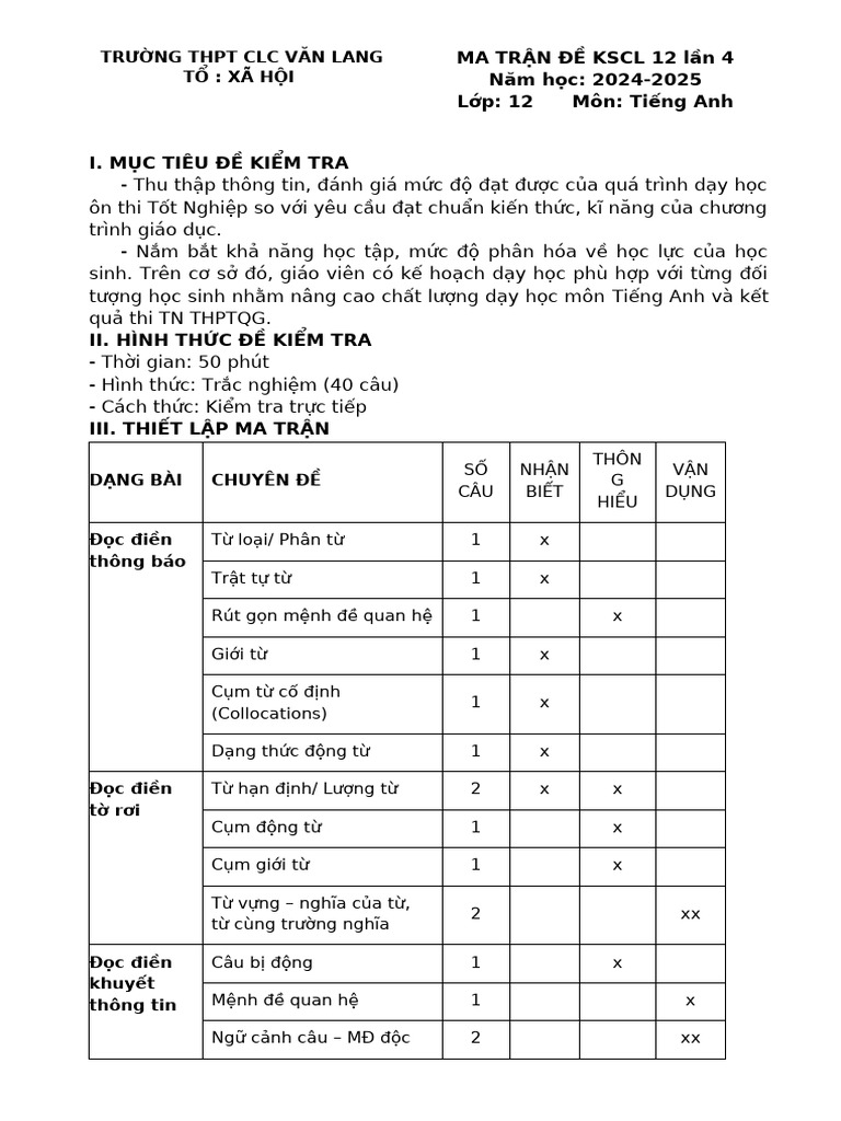 MA TRẬN ĐỀ KSCL Lần 4 24 25 | PDF