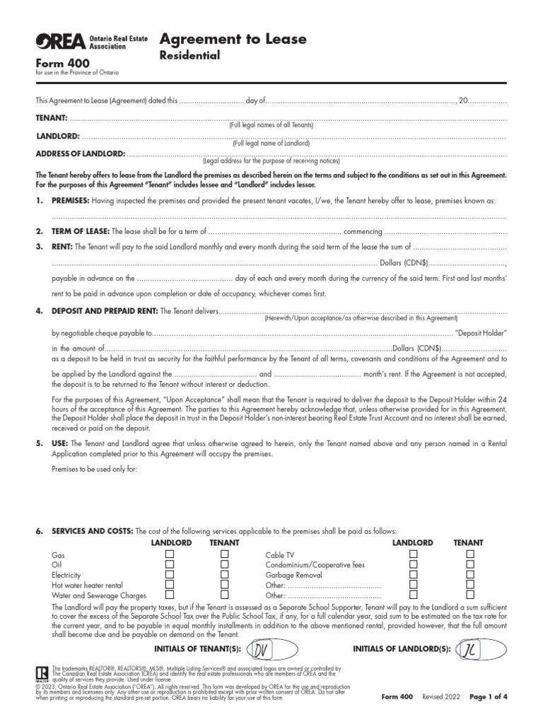 Ontario Residential Lease Agreement Form | PDF | Leasehold Estate | Lease