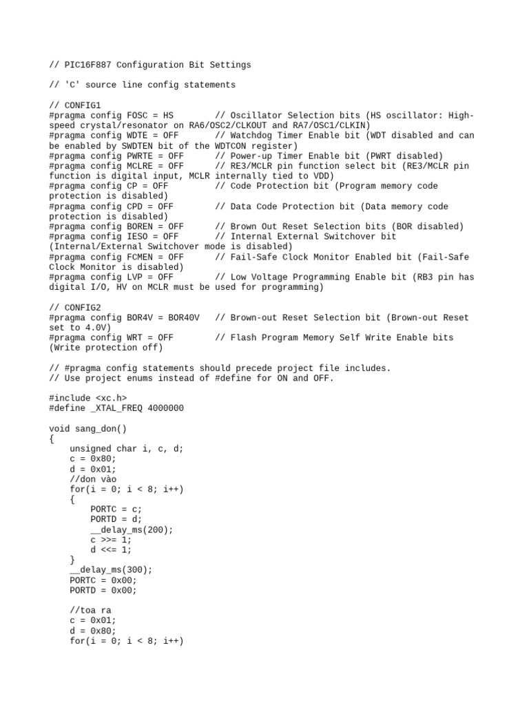 PIC16F887 Configuration Settings Guide | PDF