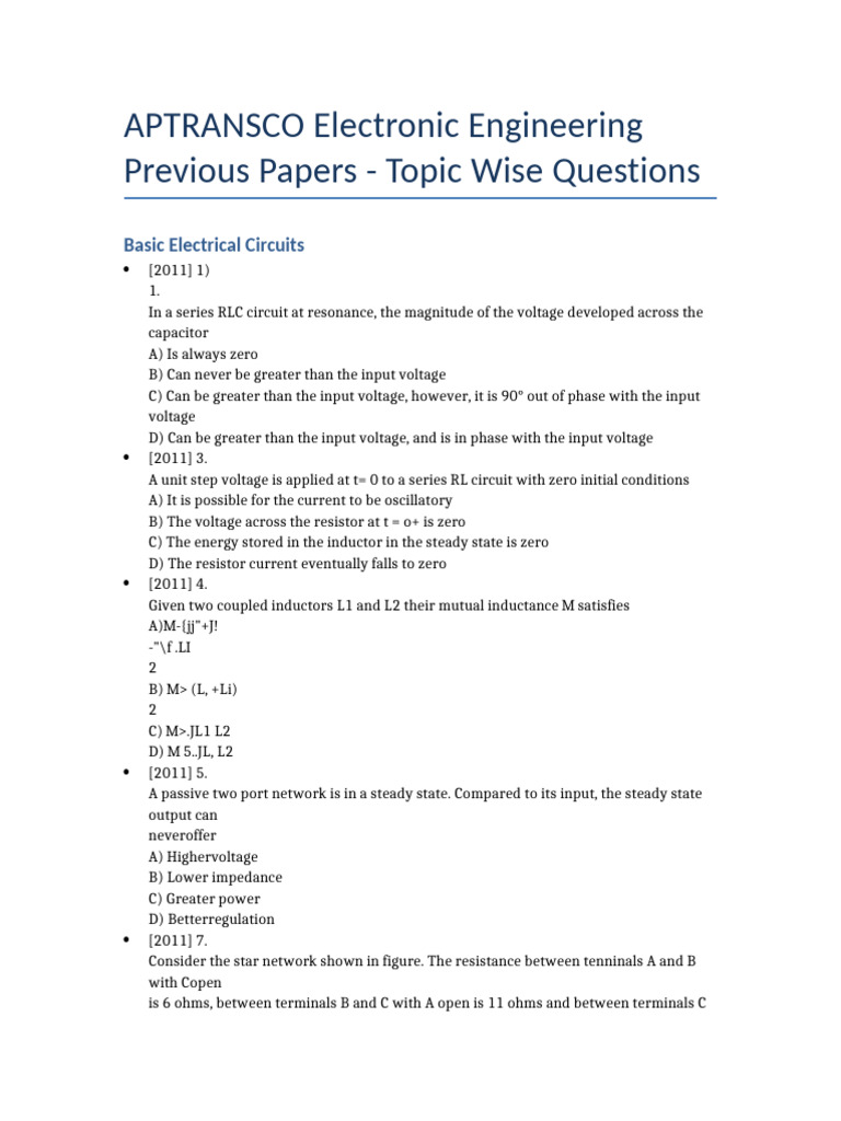 APTRANSCO Electronic Engineering Papers | PDF | Electric Motor ...