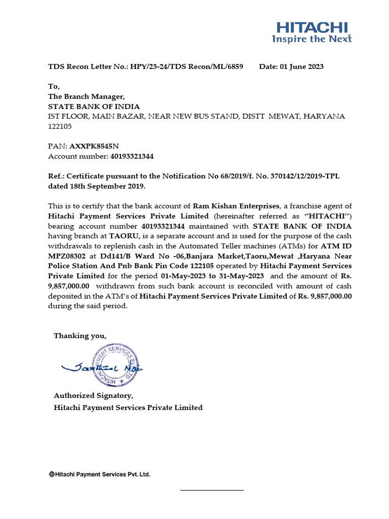 TDS Recon Letter 01-May-2023 To 31-May-2023 - MPZ08302 | PDF