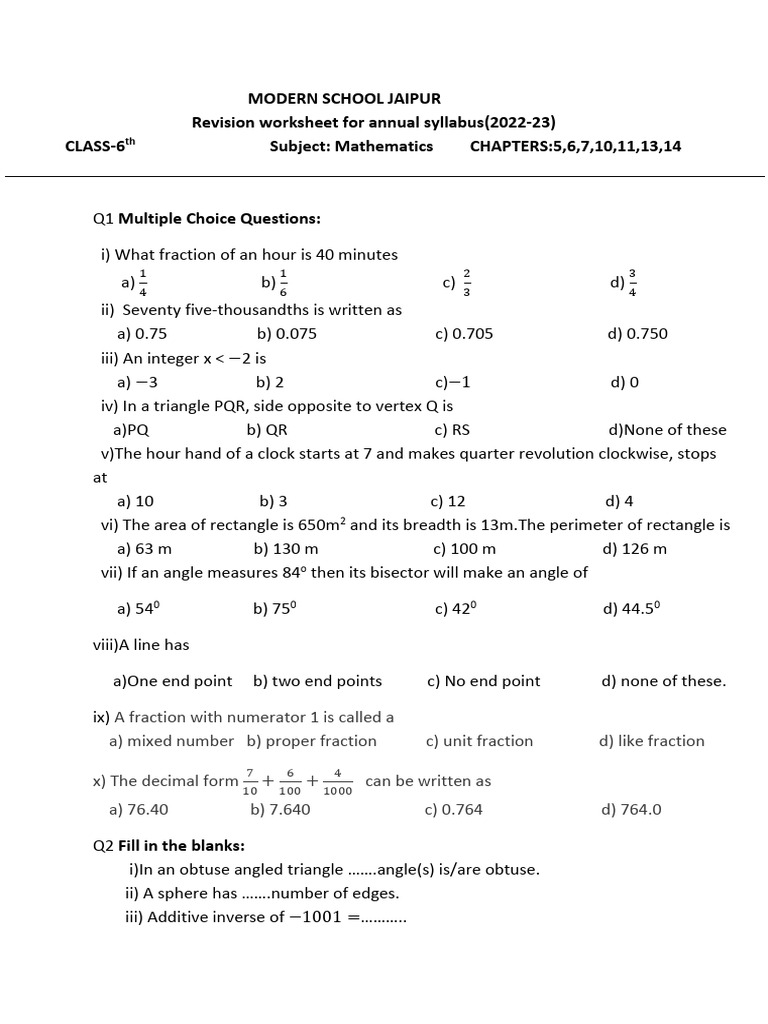 Class 6 Math Revision Worksheet | PDF | Mathematics | Number Theory