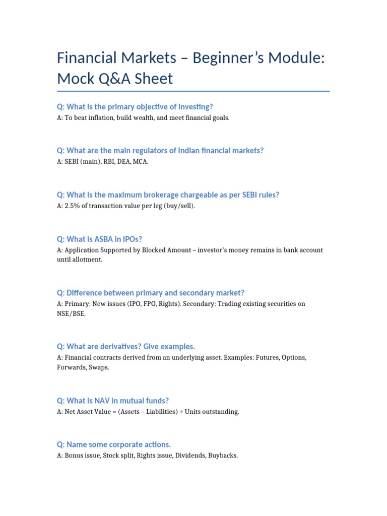 Beginner's Guide to Financial Markets Q&A | PDF