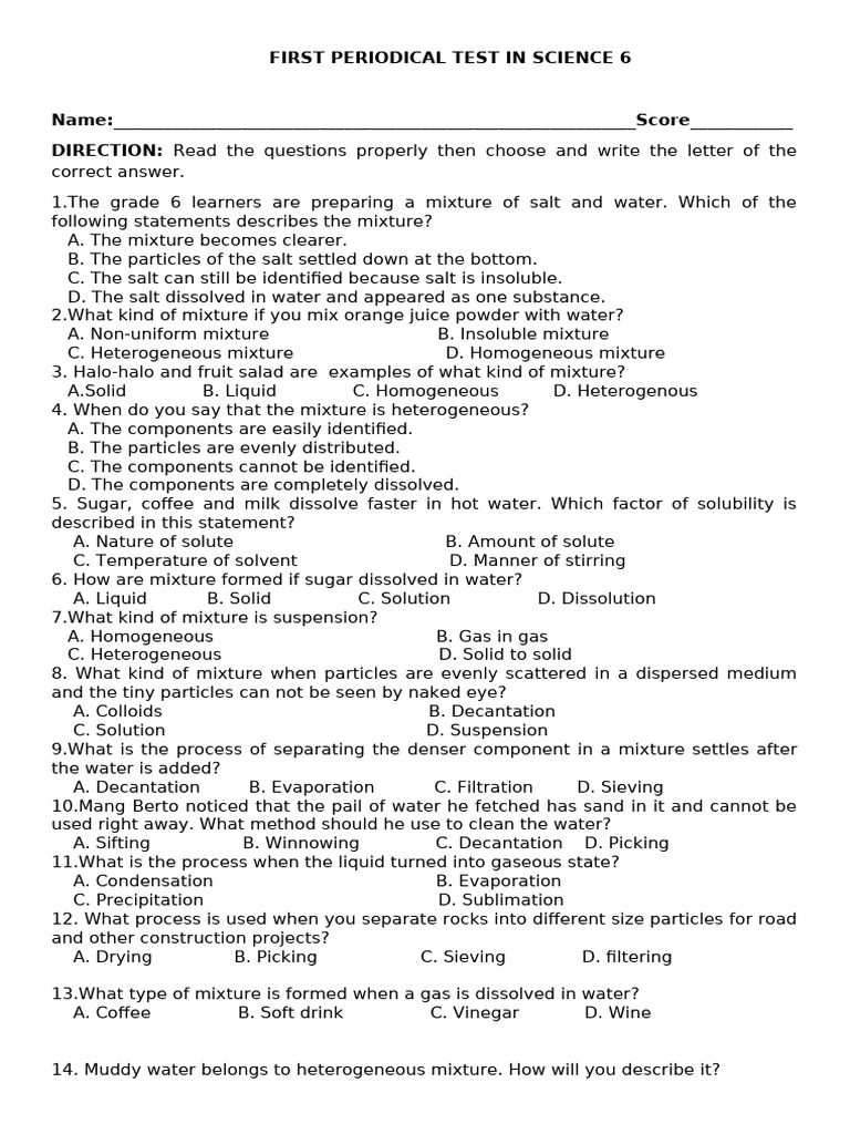 First Periodic Test in Science 6 | PDF | Mixture | Filtration