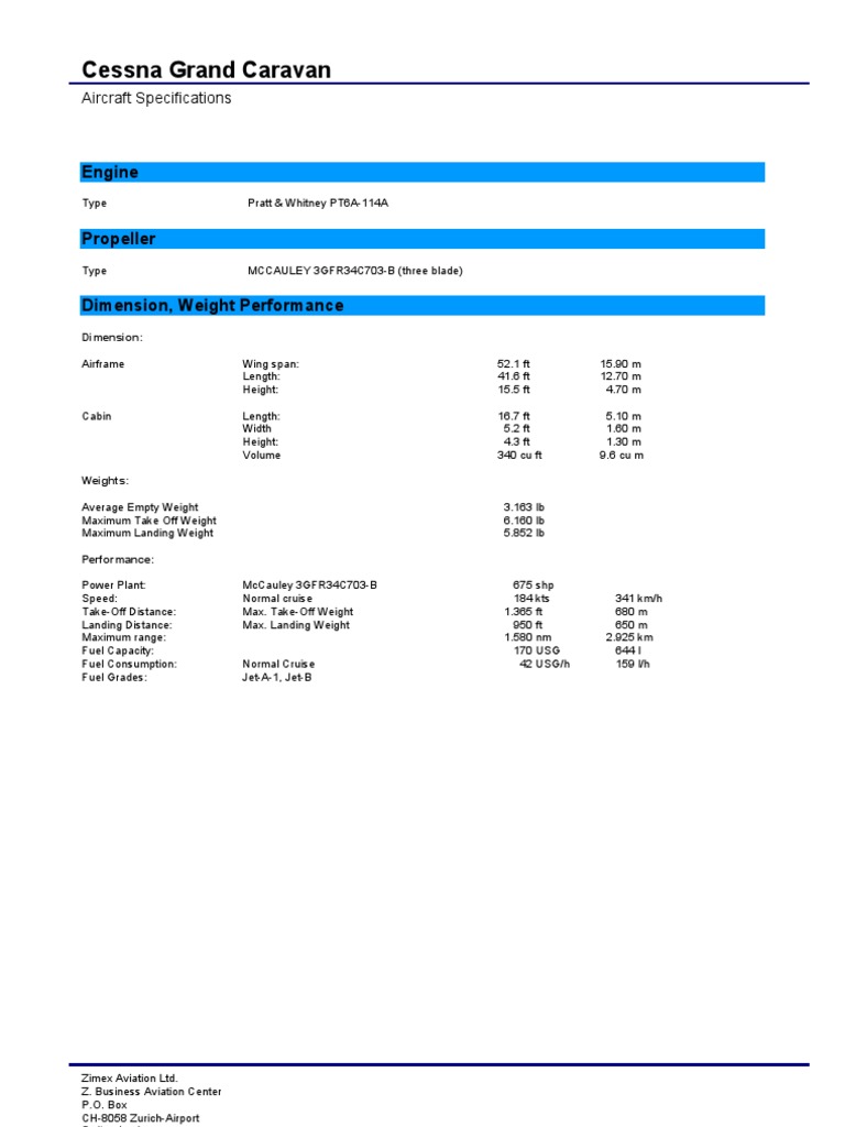 Cessna Grand Caravan Specifications | PDF | Technology & Engineering