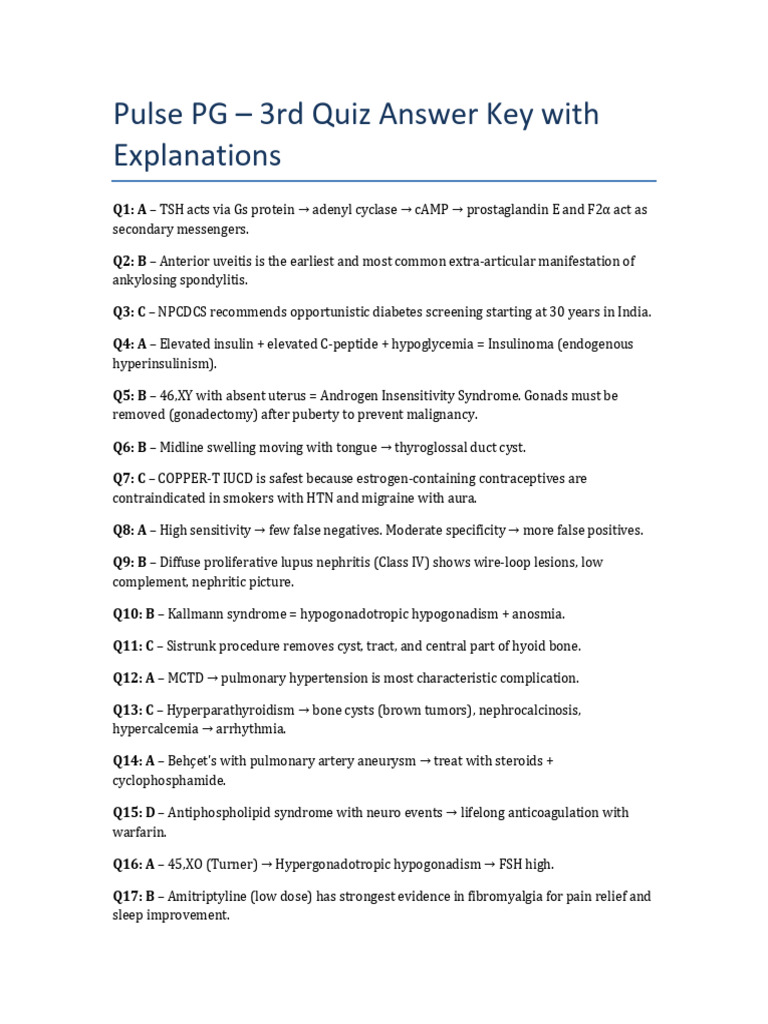 Pulse PG Quiz Answer Key & Explanations | PDF | Adrenocorticotropic ...