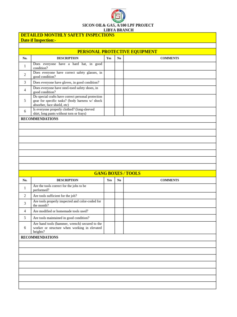 Monthly Safety Inspection Checklist | PDF | Occupational Safety And ...