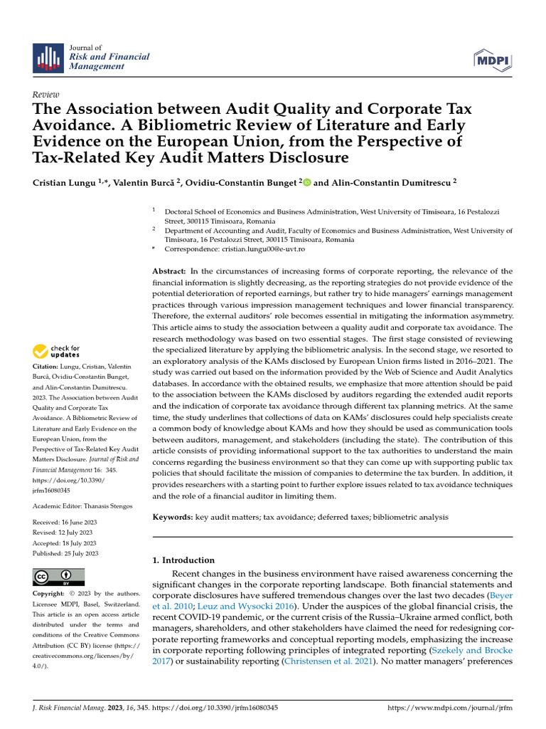Lungu - The Association Between Audit Quality Corporate Tax Avoidance ...