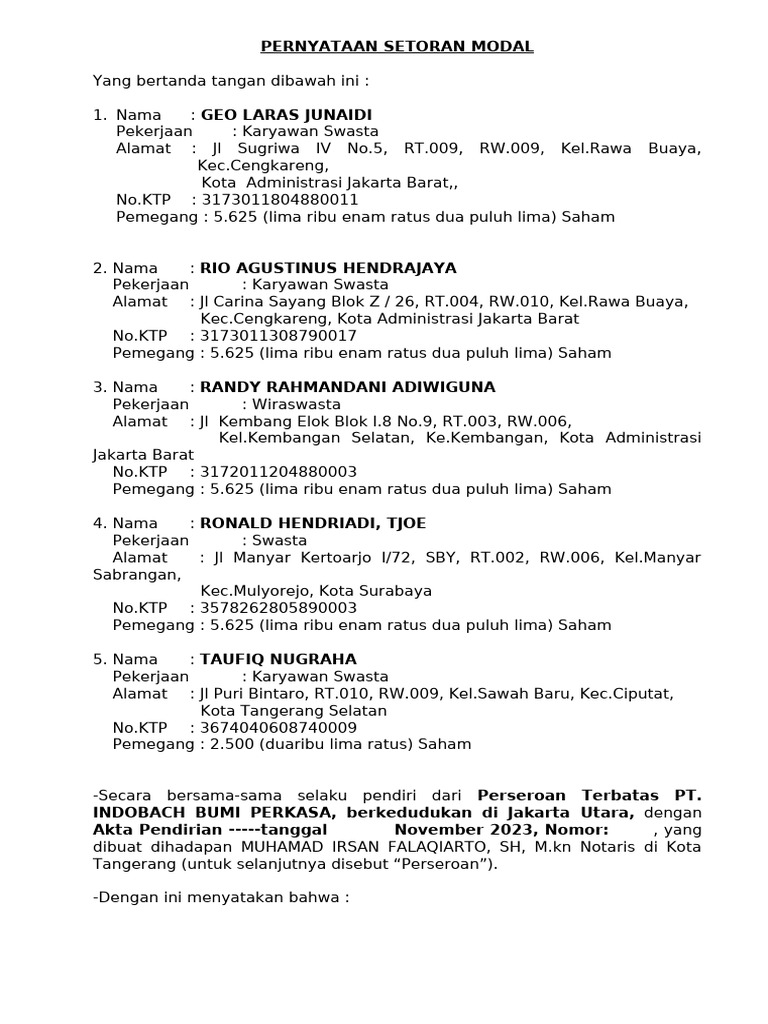 Pernyataan Setoran Modal PT Indobach Bumi Perkasa | PDF