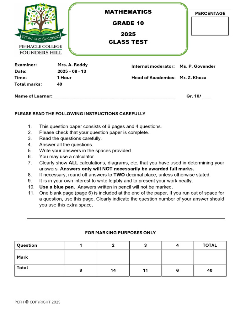Grade 10 Mathematics Class Test 2025 | PDF | Cartesian Coordinate ...