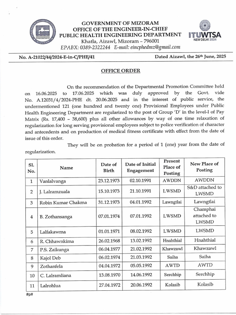 Mizoram PHE Department Employee Regularization | PDF