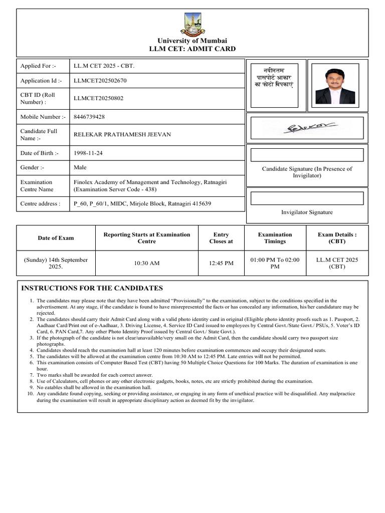 University of Mumbai LLM Cet: Admit Card | PDF | Identity Document