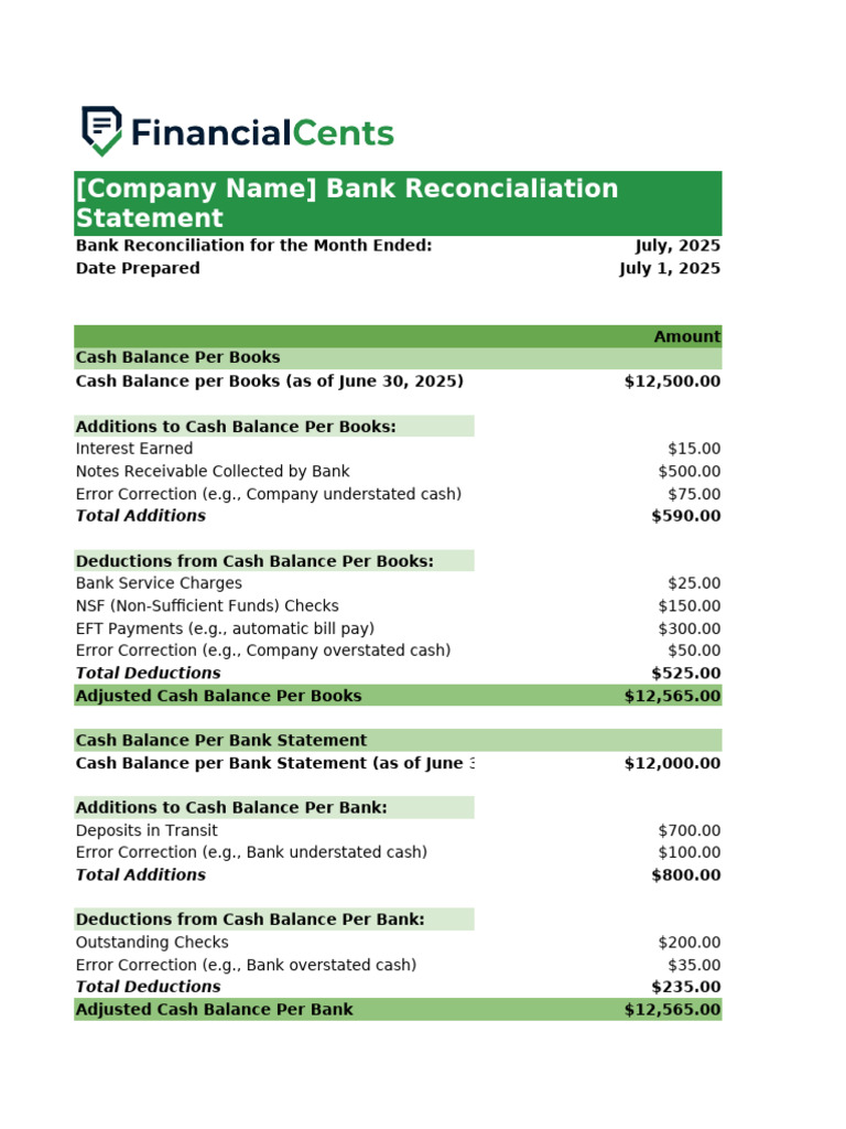 Bank Reconciliation Template | PDF