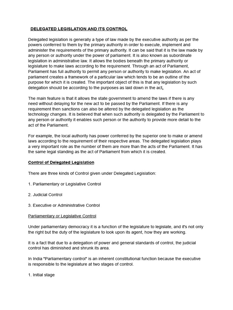 Delegated Legislation and It's Control PDF | PDF | Legislature ...