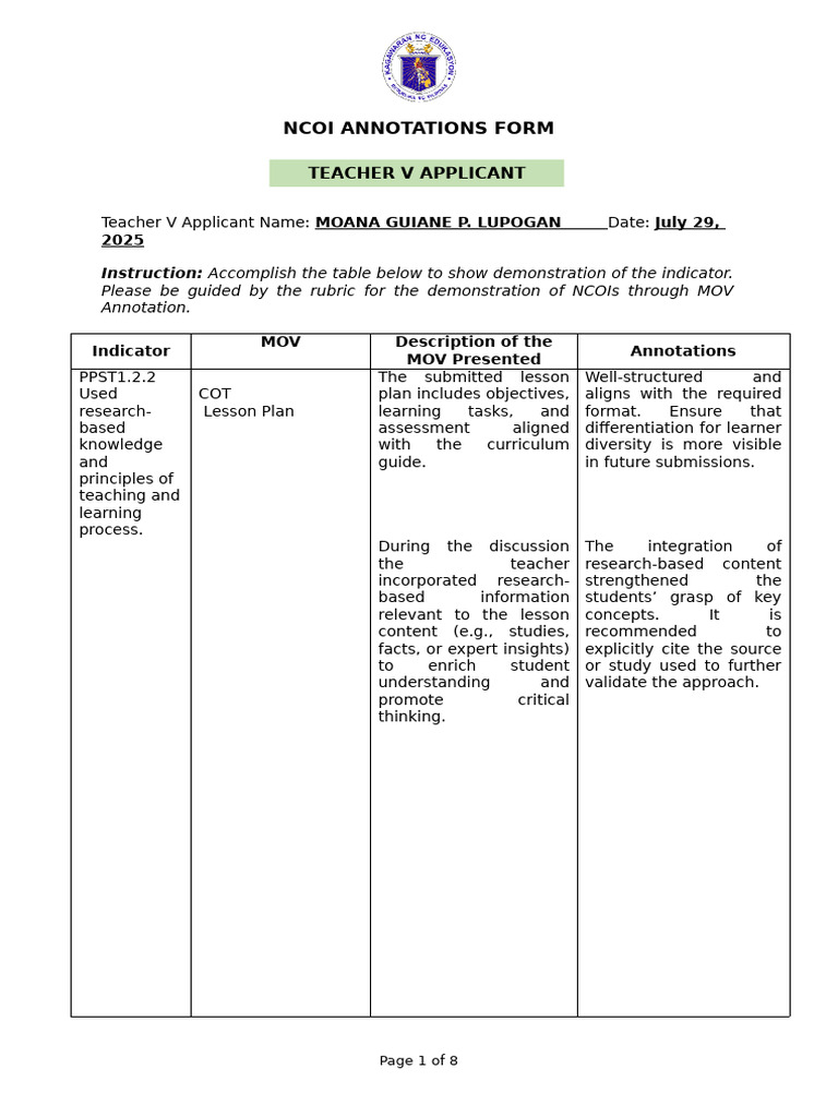 NCOI Annotations for Teacher V Application | PDF | Teachers | Learning