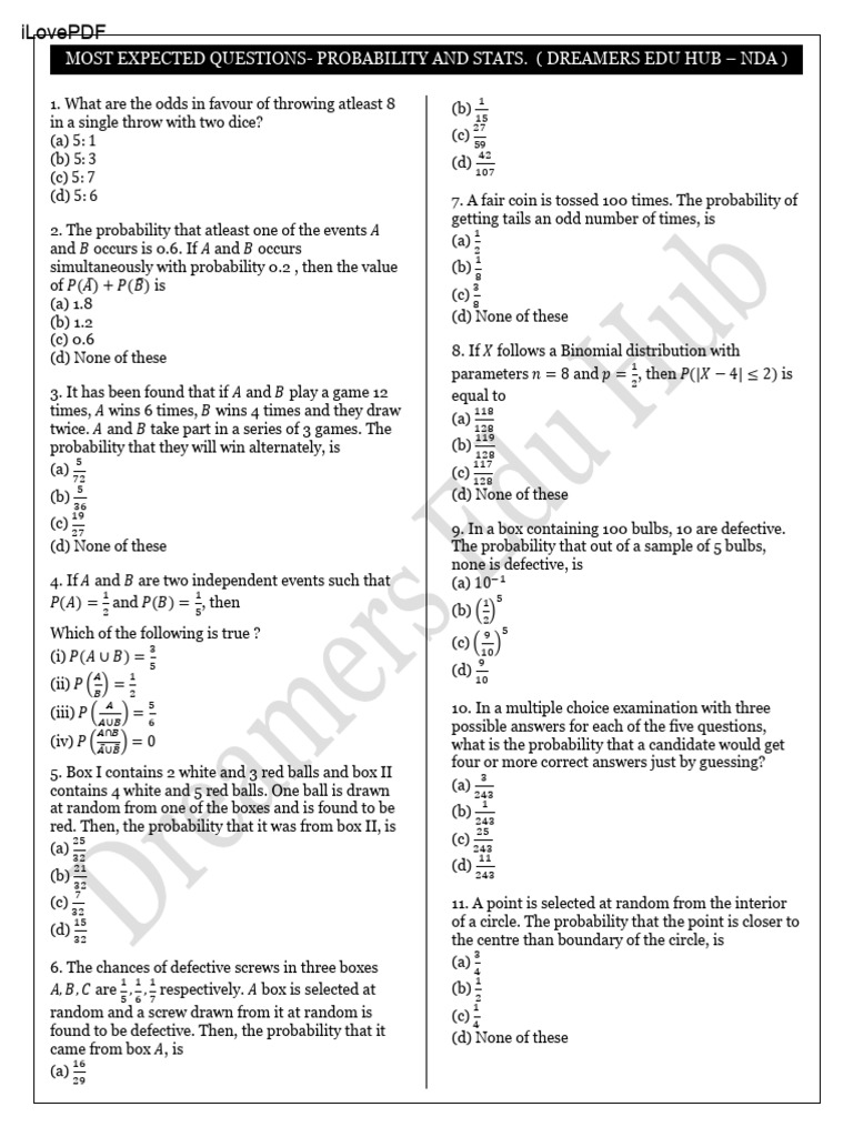Probability and Statistics Exam Questions | PDF | Probability Theory ...