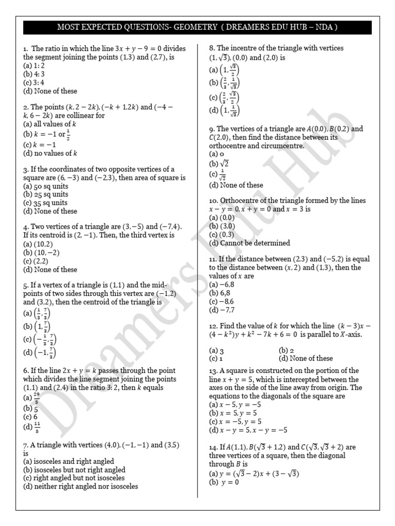 NDA 2025 Geometry Question Set | PDF | Line (Geometry) | Elementary ...