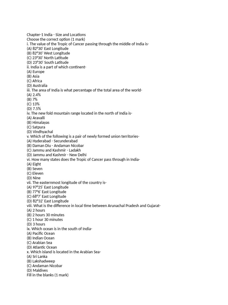 India: Geography and Physical Features Quiz | PDF | Himalayas | Earth ...