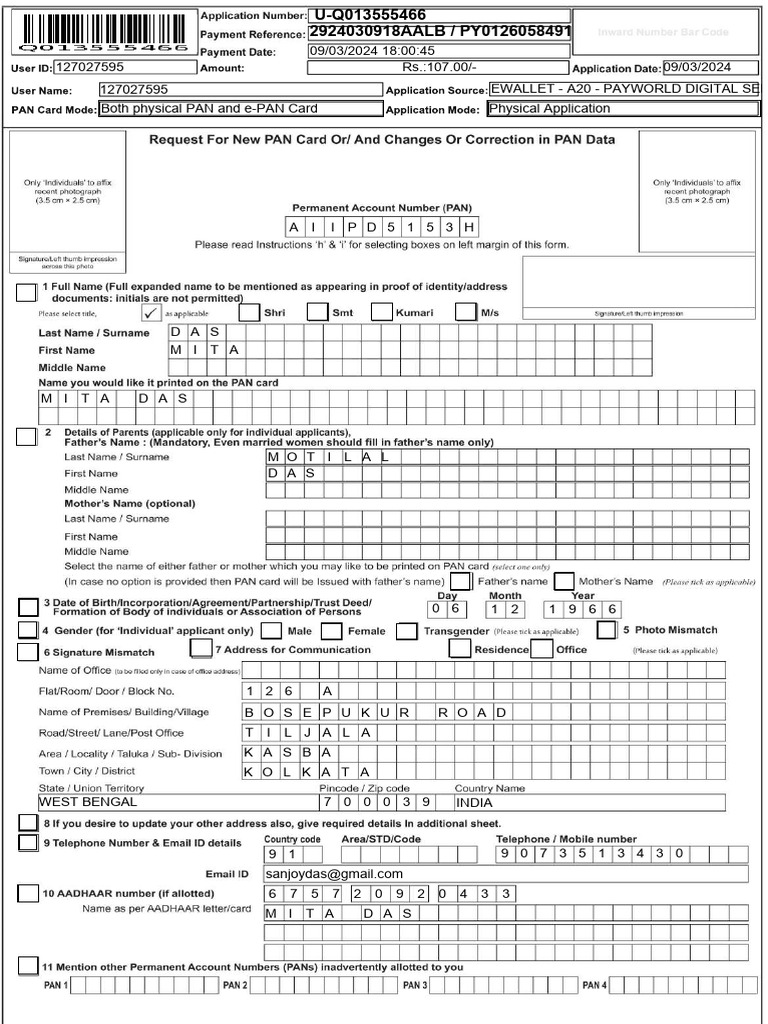 User Application Details for PAN Card | PDF