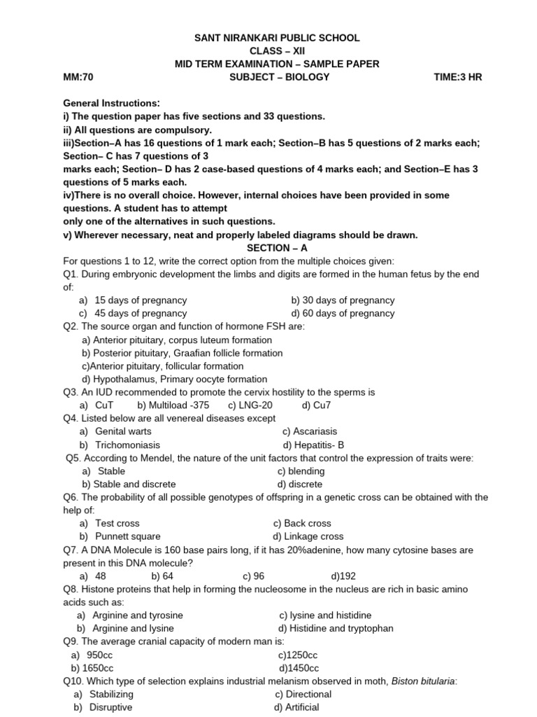Xii Mid Term Sample Paper | PDF | Translation (Biology) | Genetic Code