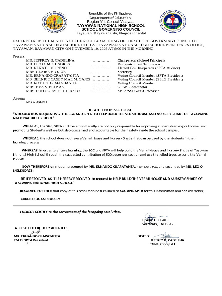 Resolution for Vermi House at TNHS | PDF