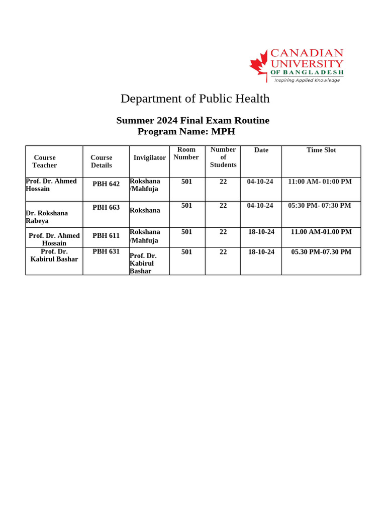 Final Exam Routine of Summer 2024 (MPH) - 1 | PDF