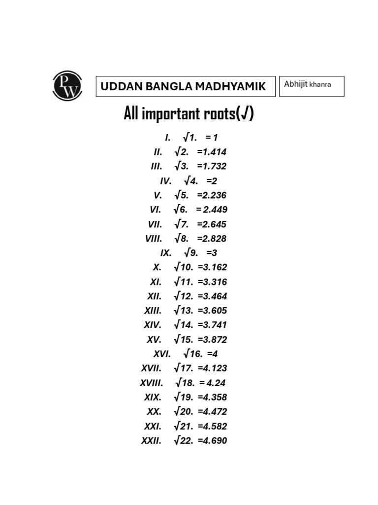Key Square Roots and Values | PDF