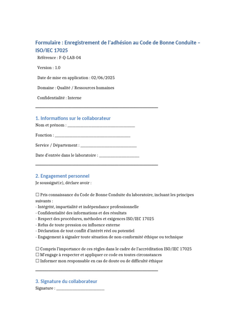 Formulaire Code Bonne Conduite ISO17025 | PDF