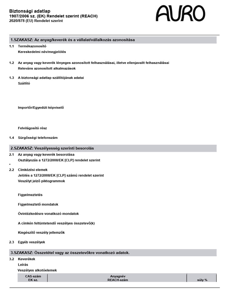 Biztonsági Adatlap: 1907/2006 Sz. (EK) Rendelet Szerint (REACH) | PDF