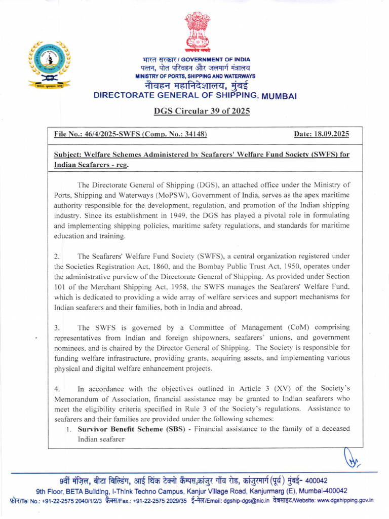 Dgs Circular 39 Of 2025 Seafarer S Welfare Schemes Pdf Water