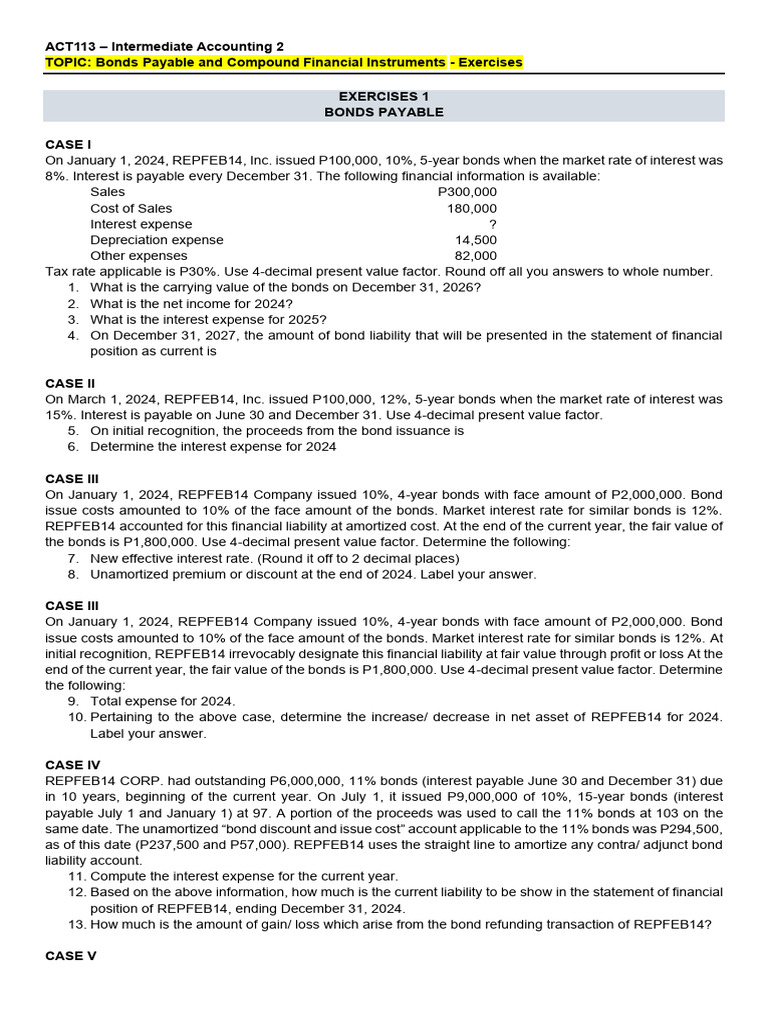 Bonds Payable & Compound Instruments Exercises | PDF | Bonds (Finance ...
