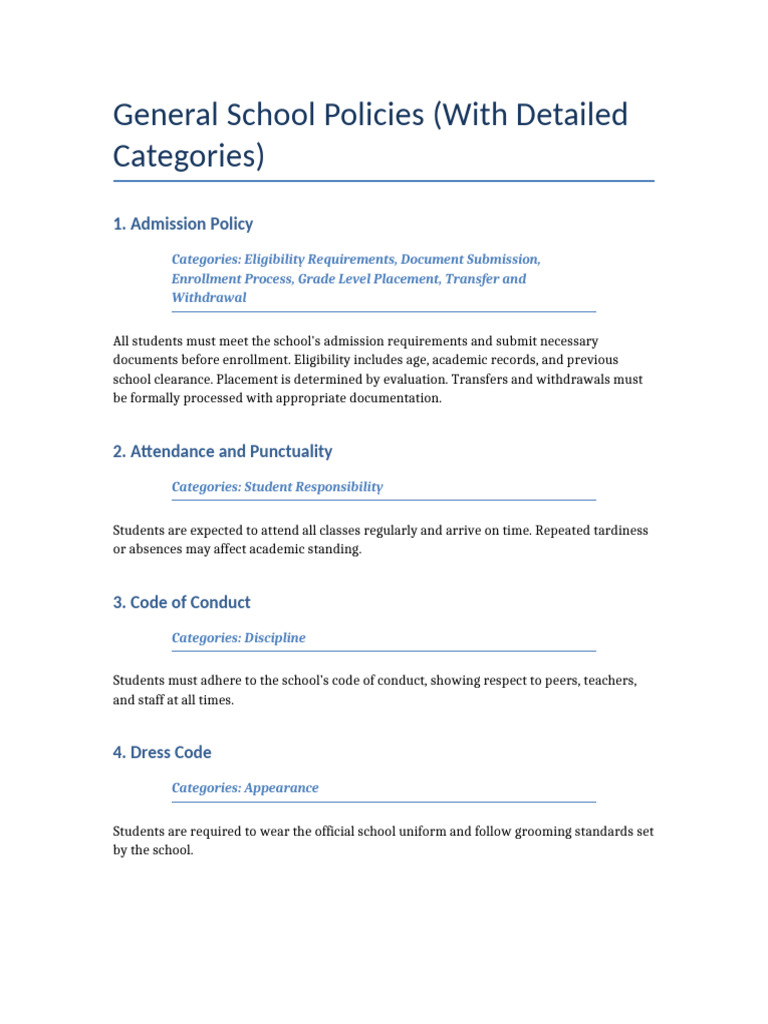 General School Policies With Detailed Categories | PDF